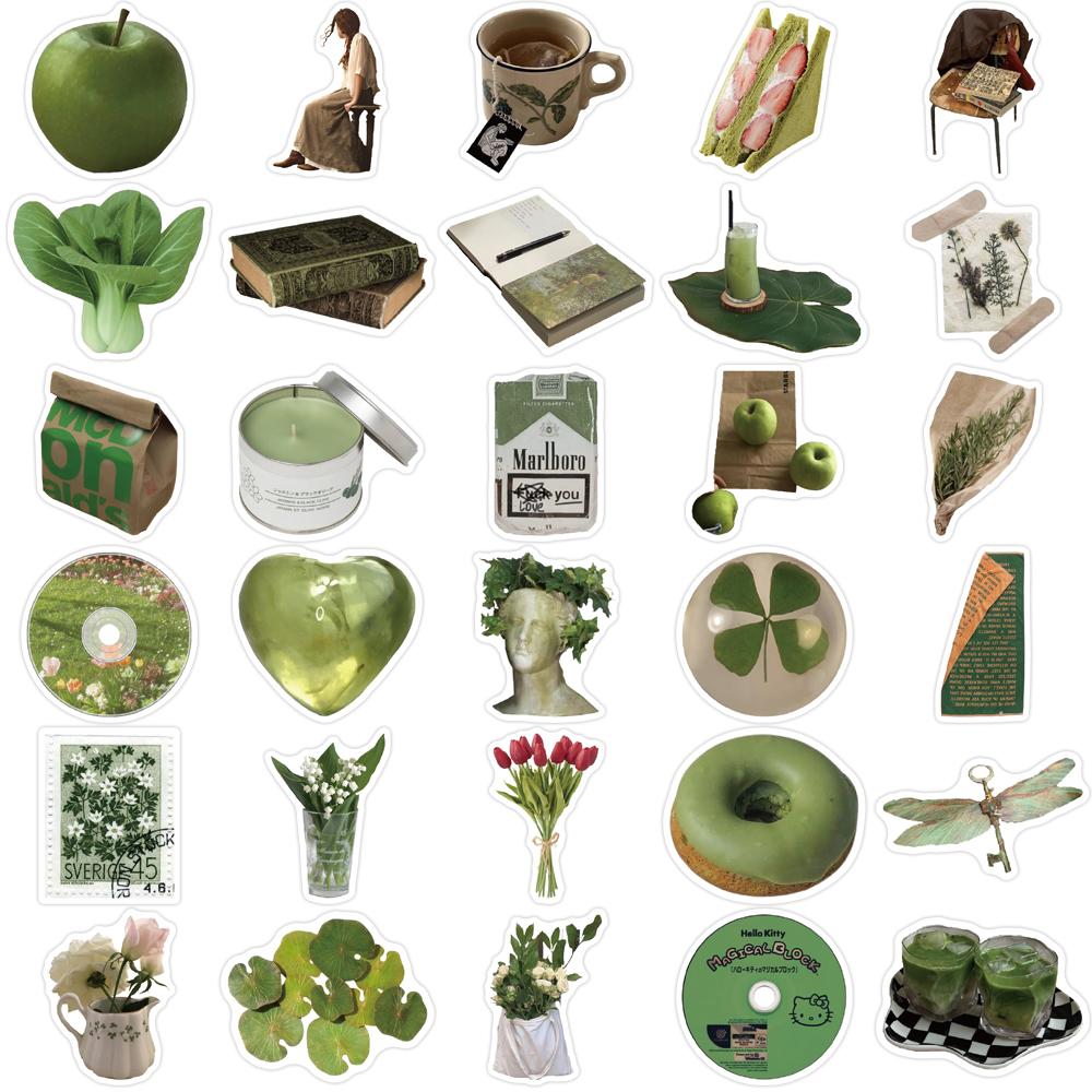 62PCS Olive Green Stickers Korean Ins Style Graffiti DIY Mug Laptop Computer Luggage Decoration Waterproof Stickers