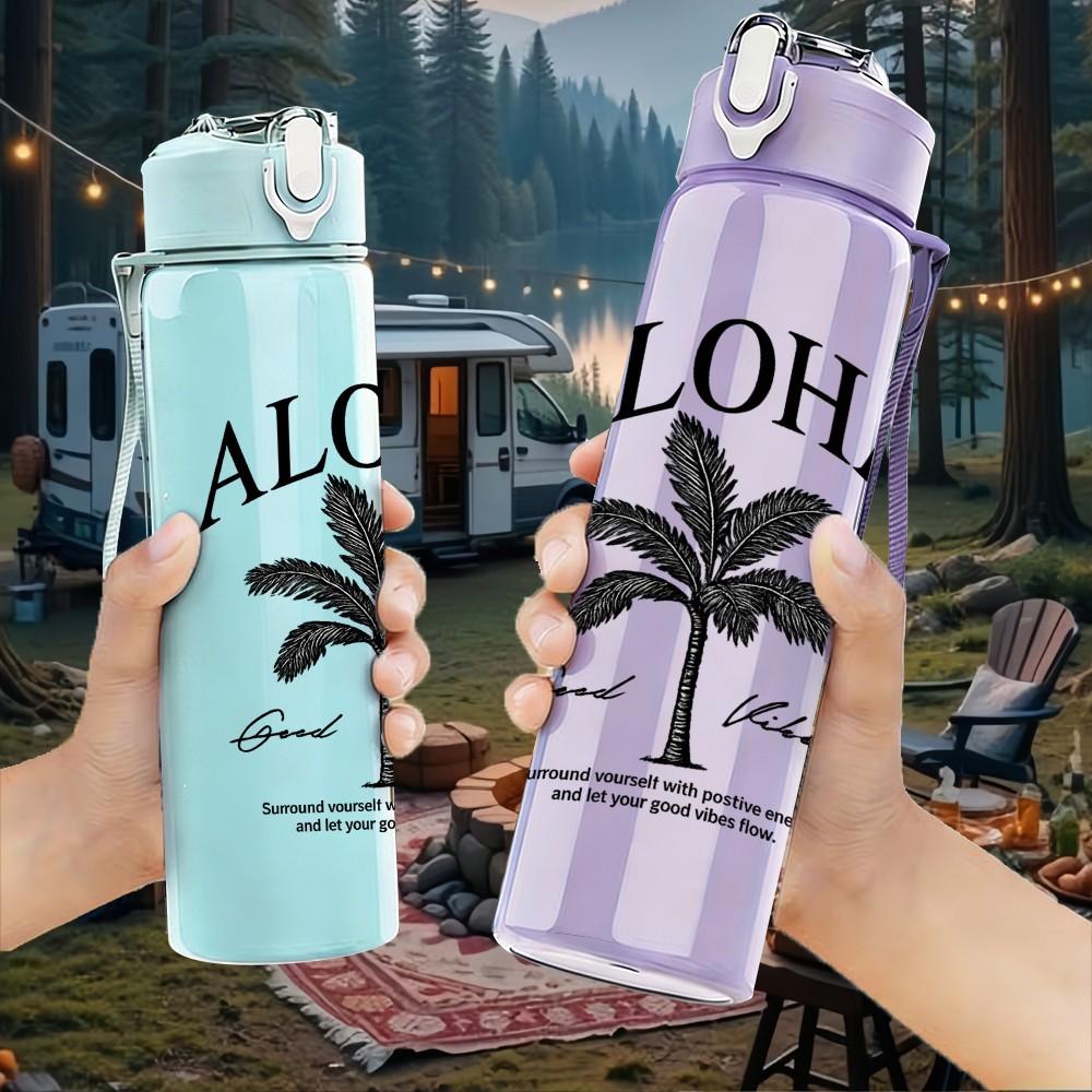 1PC Aloha Palm Tree Tropical Badge Print 750ml Color Plastic Sports Water Bottle Leakproof Flip Straw Lid Suitable for Sports Office Home Use