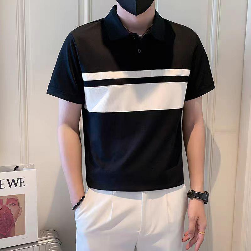 High-End Splicing Polo Shirt Men'S Handsome Slim-Fitting Clothes Trendy Light And Familiar Contrasting Color Lapel Short-Sleeved T-Shirt