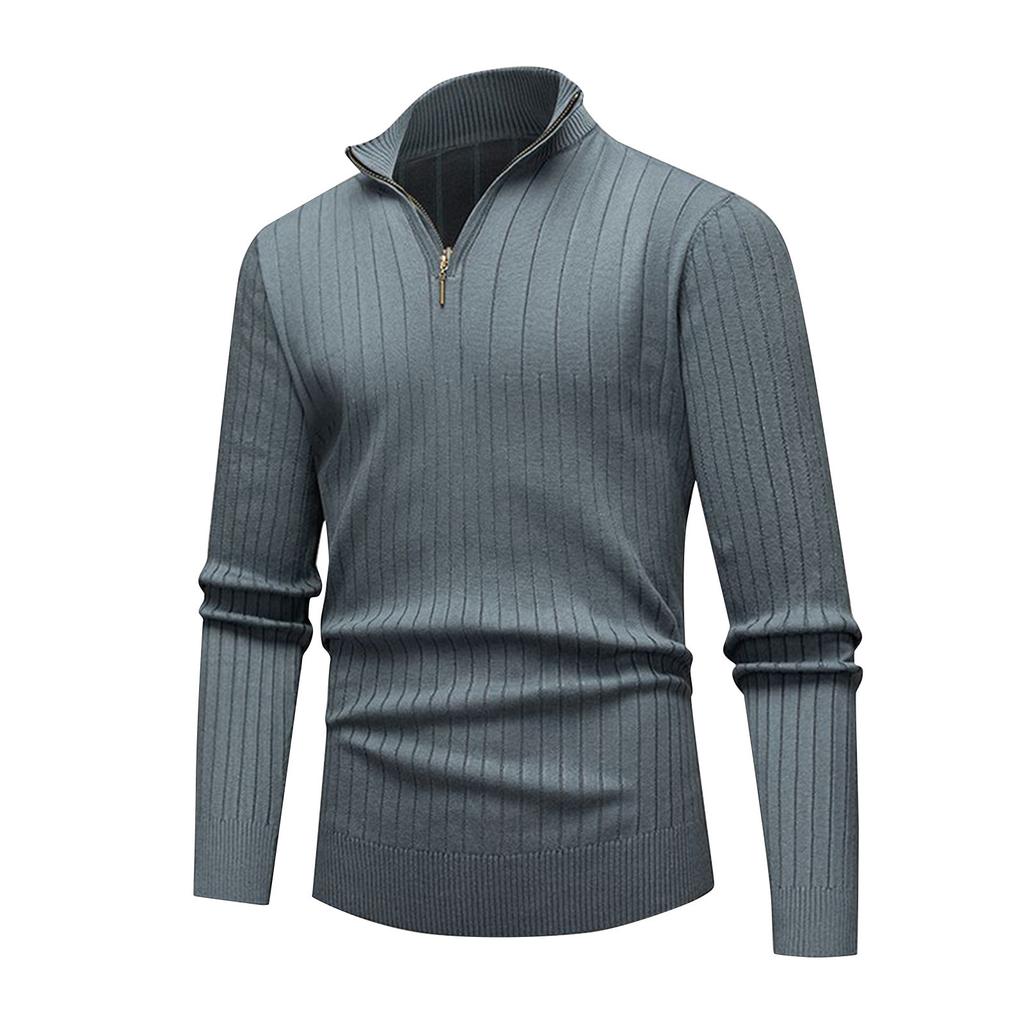 Men's Solid Color Knitted Zipper Stand Collar Long Sleeve Top Men's Casual Fashion Long Sleeve Top