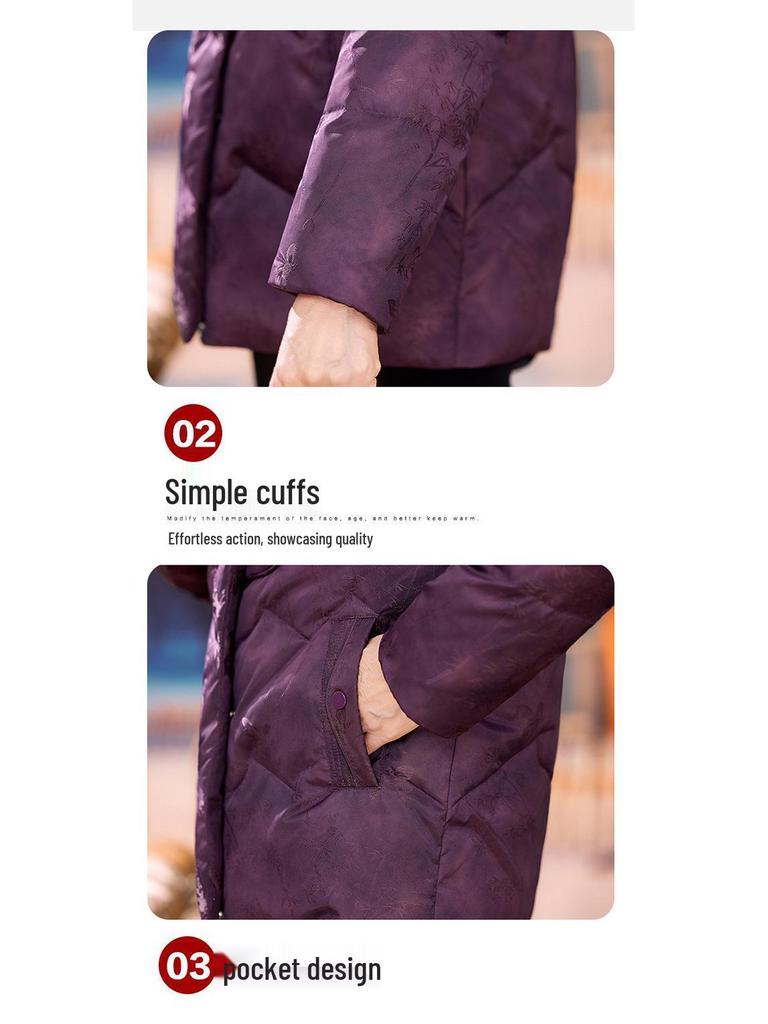 Vintage Rote Daunenjacke im chinesischen Stil für mittelalte und ältere Frauen, Warmer Wintermantel mit Entendaunen
