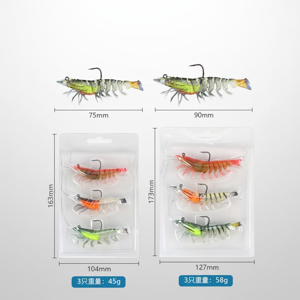 TPR 3-Piece Artificial Soft Bait Shrimp-Shape Multi-section Lure Hooks for Bass Fishing for Ocean Boat River Printed