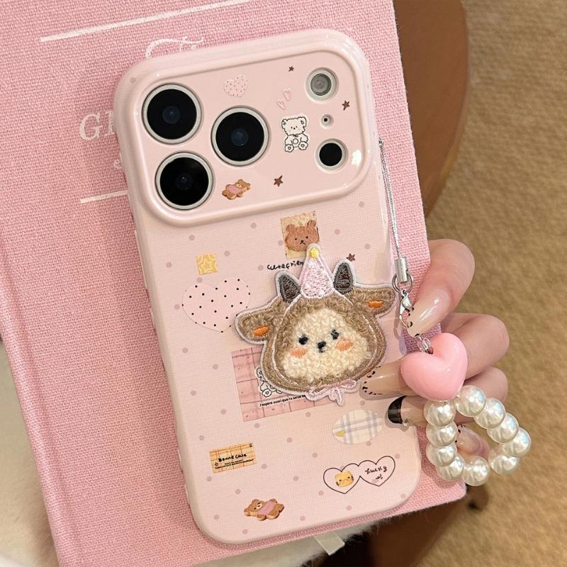 Phone Case With Chain For iPhone 17 16 15 14 13 12 Pro MAX 11 Cartoon Embroidery Plush Sheep Sticker Shockproof Soft Phone Cover