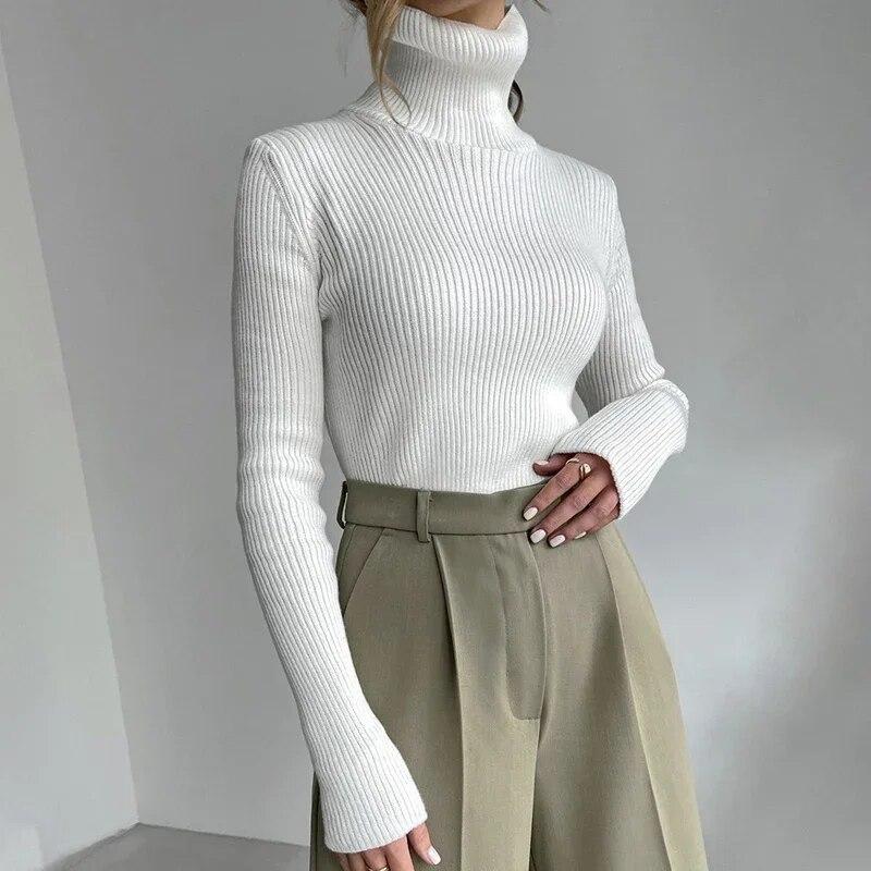 

Осень-зима вязаные водолазки женские повседневные вязаные топы с длинными рукавами джемпер простой пуловер свитер 29689 One Size белый