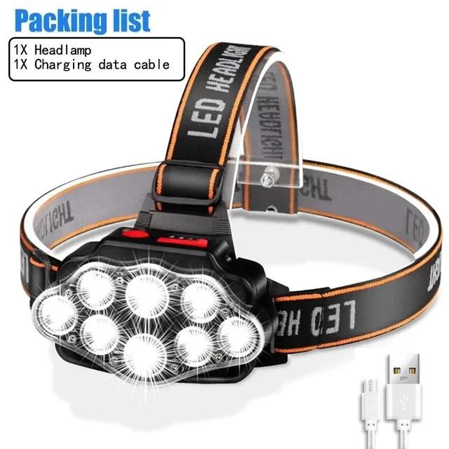 Multifunctional 8 LED Headlamp USB Rechargeable 8 Modes Headlight Lamps Flashlight COB Headlights Waterproof for Camping Fishing