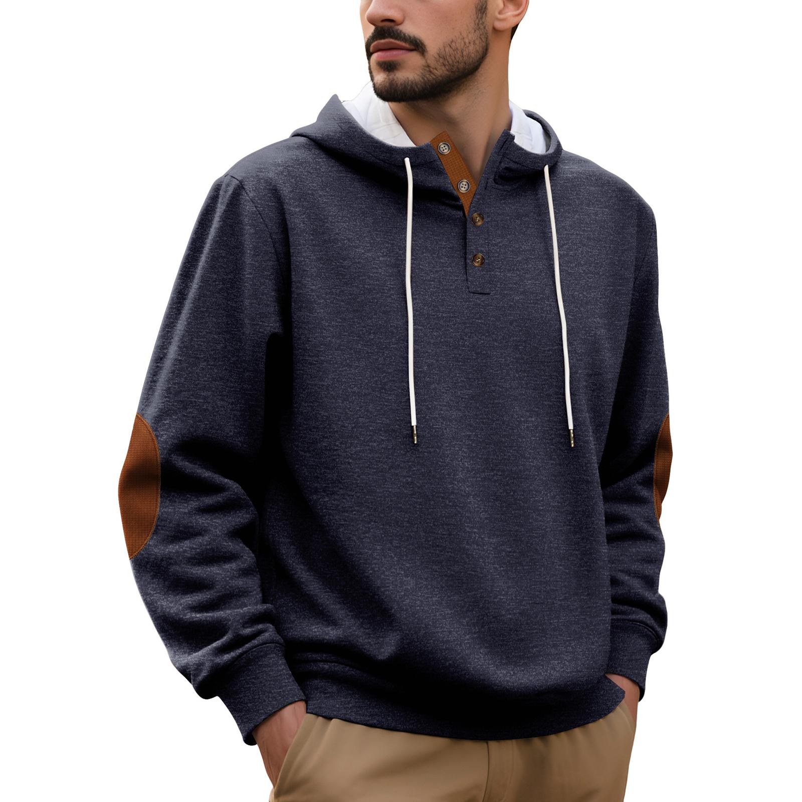 

Men s Casual Composite Loose Fitting Pullover Solid Color Hooded Sports Thick Hoodie L тёмно-синий