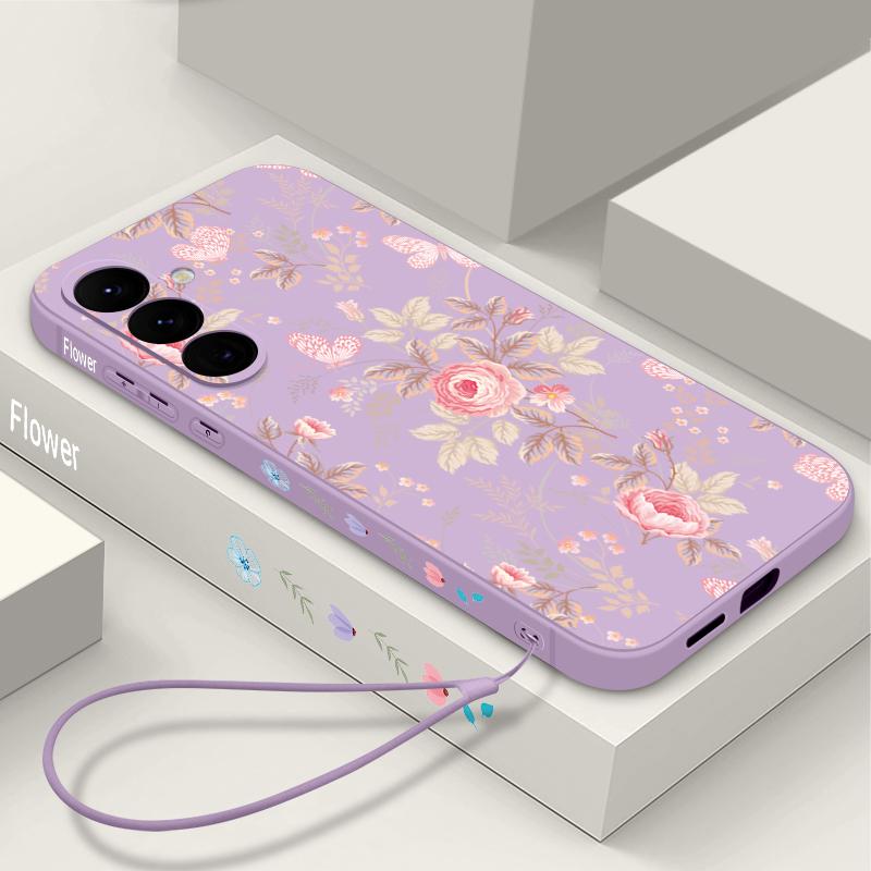 Colorful Flower Print Lanyard Phone Case For Samsung Galaxy A57 A17 A56 A16 A55 A15 A36 S25 FE S26 S24 S23 S22 Ultra Soft Cover