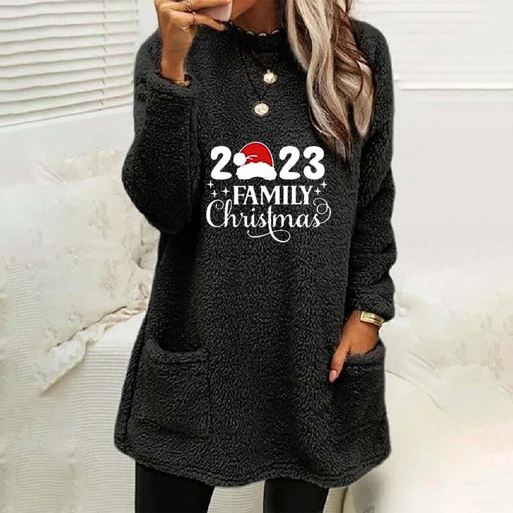 Autumn Winter Women's Christmas Print Round Neck Loose Long Sleeve Pocket Plush Hoodie