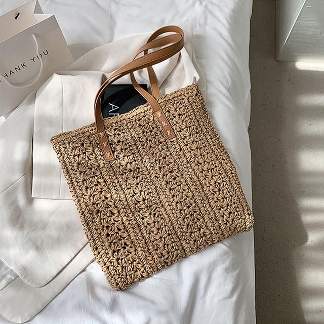 Square Hollow Straw Beach Bag Handmade Woven Shoulder Bag Rattan Shopping Travel Bag Bohemian Summer Vacation Casual Tote