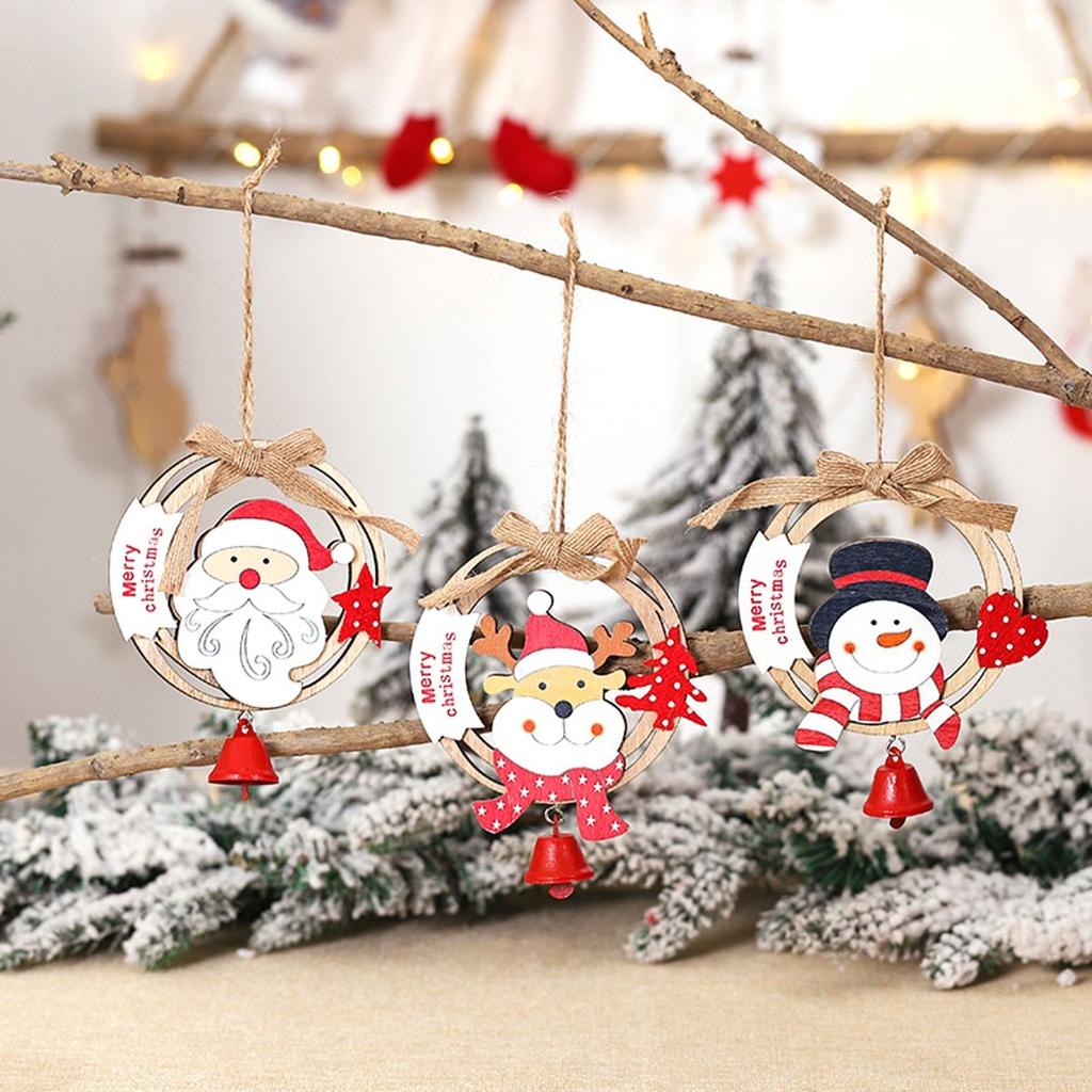 New Year Wooden Hanging Cute Burlap Christmas Tree Ornaments Party Decorations Pendants with Bells