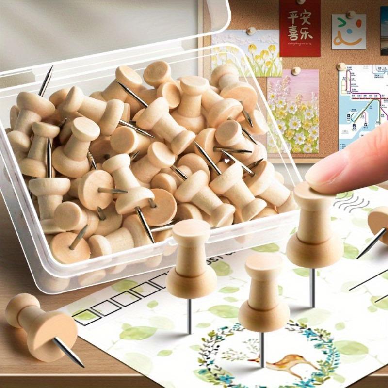 50Pcs Wooden Push Pins Cork Drawing Pins Wood Thumb Map Tacks for Cork Boards and Home Office Craft Projects