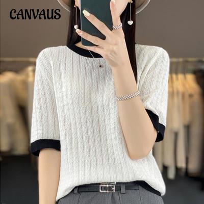 T-shirt d'été pour femmes en soie glacée couleur contrastée chemise en tricot torsadé à manches courtes manches cinq-quarts haut léger creux T-shirt à col rond