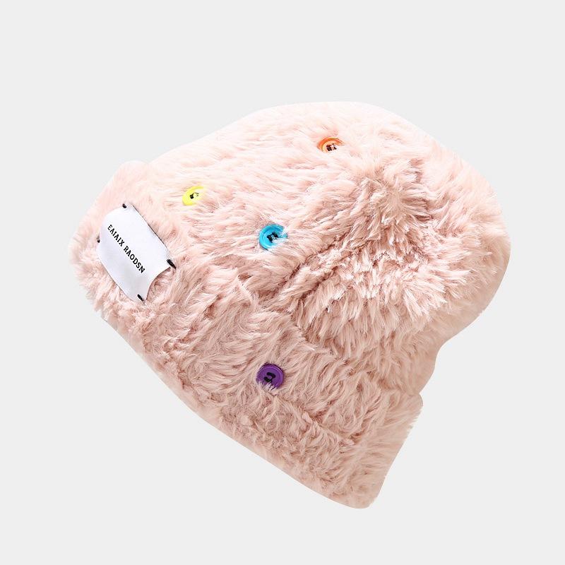 

White deer plush large version knitted hat thickened warm colored buttons cute face small skin-friendly hat female tide one size fits all розовый