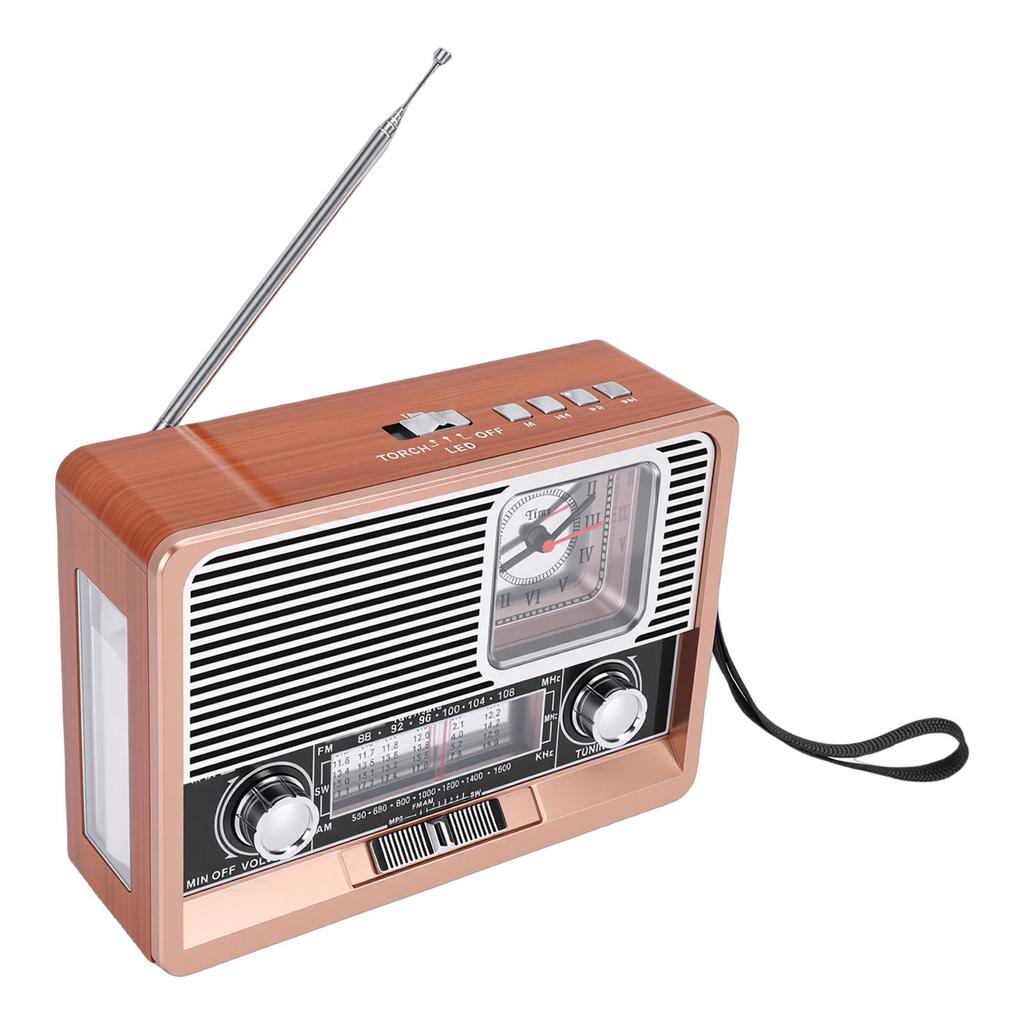 Rádio Retro AM FM SW Recarregável por USB Alimentado por Energia Solar Rádio Relógio Vintage com Lanterna Alto-falante Suporte a Pen Drive USB