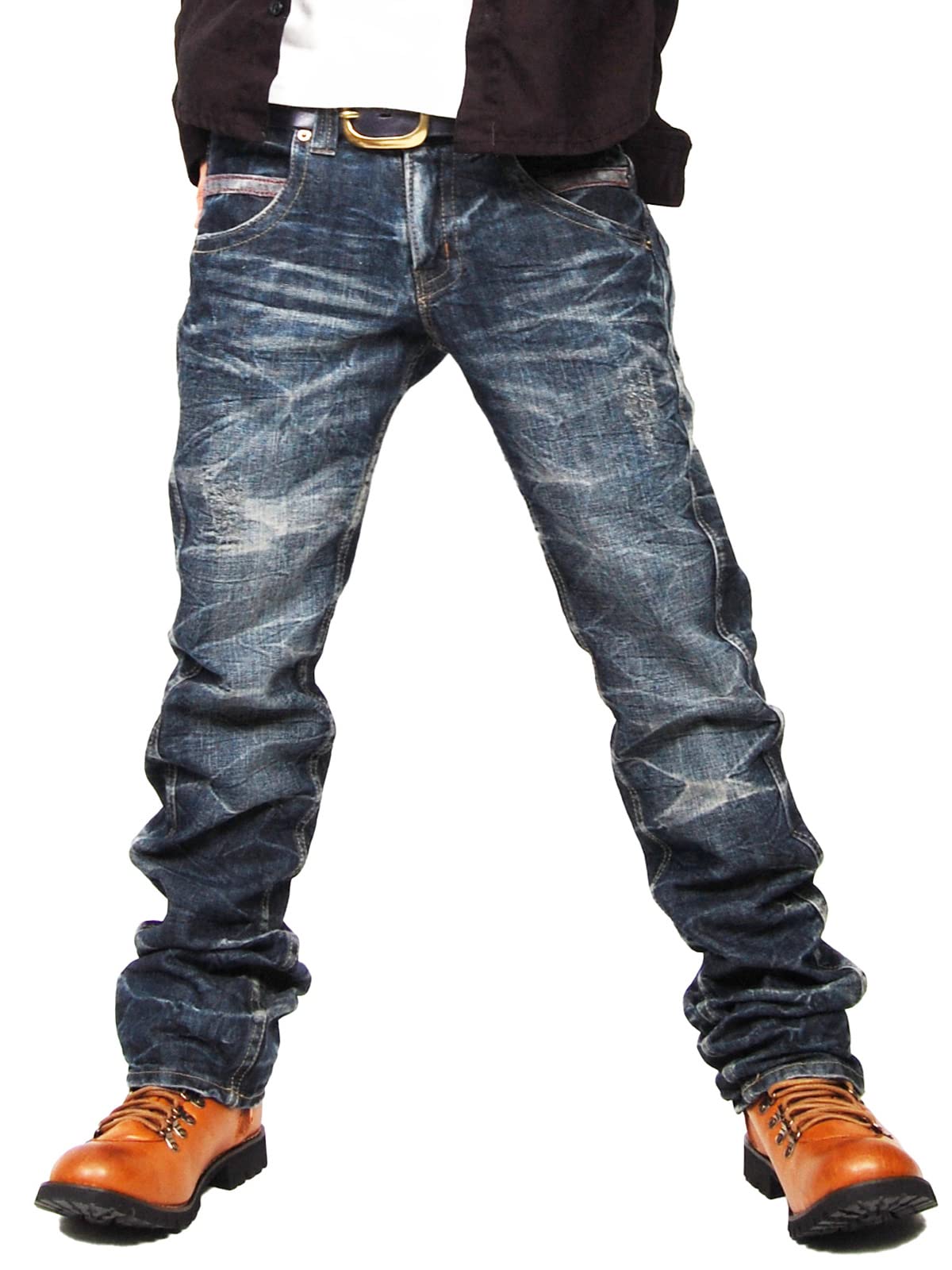 

Мужские прямые джинсы темно-синего цвета с винно-красной строчкой, размер M