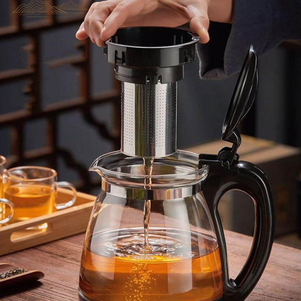 Black Thickened Glass Teapot with Stainless Steel Filter Large Capacity Press Type Tea Boiler with Lid 2000ml Practical