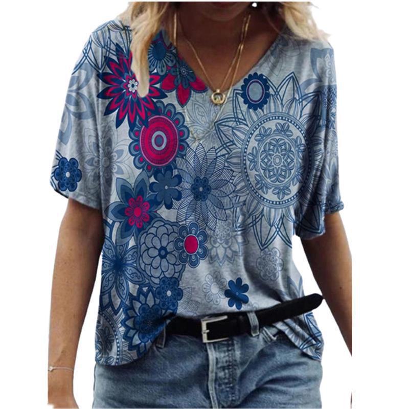 Women's T-shirt 3D Pattern Printed Casual Short Sleeved V-Neck Top Fashionable Street Women's Clothing