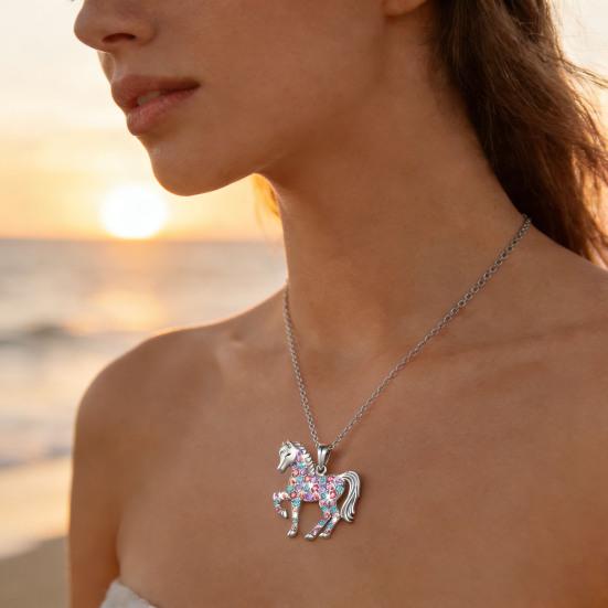 Rhinestone Horse Pendant Necklace Colorful Faux Gems Horse Necklace Cute Sparkling Horse Charm Necklace Gift for Women Girls Cowgirl
