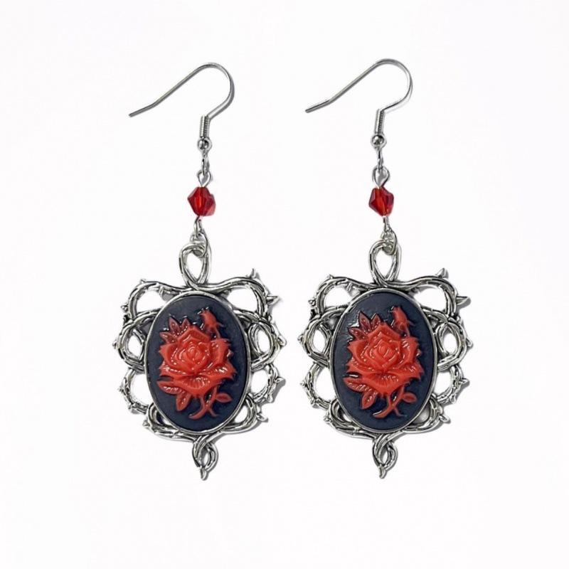 Gothic Red Rose Embossed Earrings with Silver Thorns - Punk Dark Style