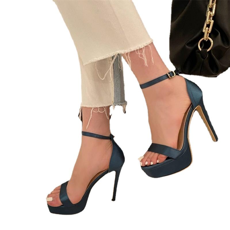 Novas sandálias europeias de estação, salto fino, sexy, leopardo, listra, fivela, plataforma, salto alto, sapatos abertos