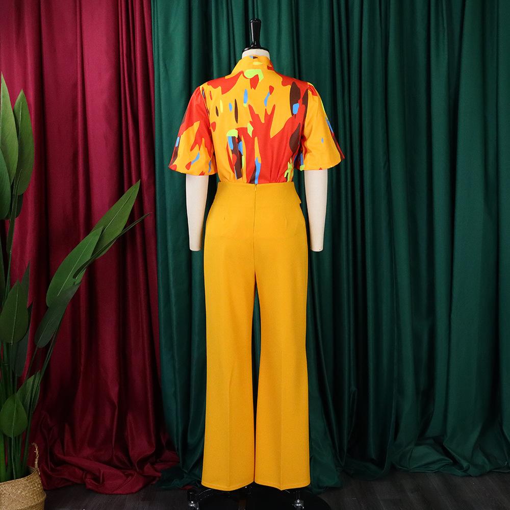 YYFS Women's Fashion Casual Summer Spring Colour Block Print Short Sleeve Blouses & Shirts Trousers Pants Suits