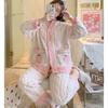 Zahuštěné teplé oblečení na spaní Růžová broskev Korálový samet Dámské Obleky pro domácí oblečení Podzim a zima Dámská Cardigan Dvoudílná sada nočního prádla
