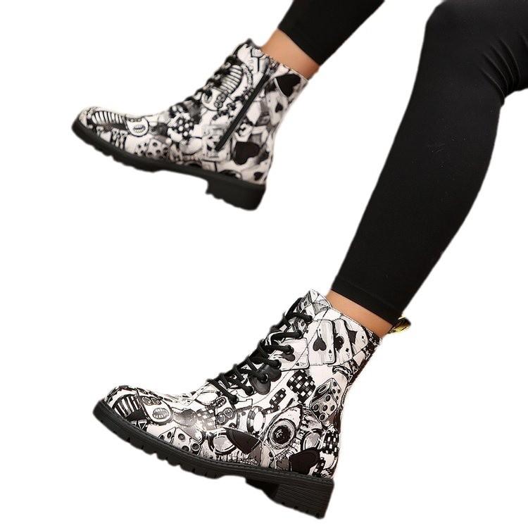 Velikost L graffiti čtvercový podpatek boční zip martensky podzim a zima nové kulatá špička šněrovací dámské boty