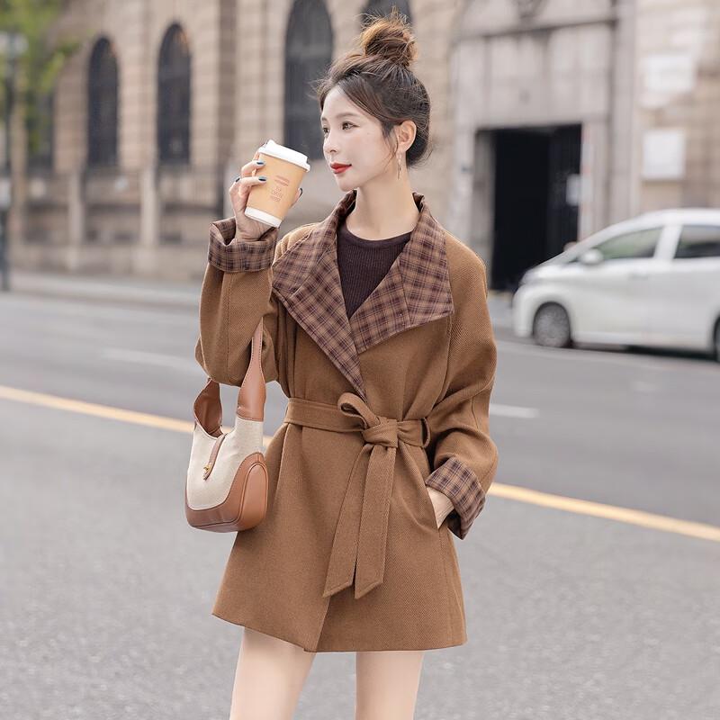Women's Contrast Plaid Belted Trench Coat