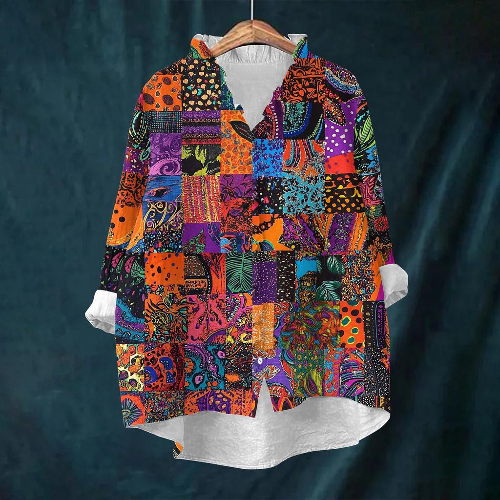 Women's Loose Ruffled Retro Floral Print Stand Collar Long Sleeve Cotton And Linen Top