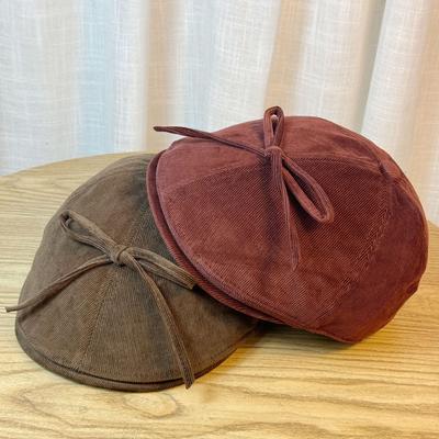 Literary Style Bow Duck Cap for Women Autumn and Winter Corduroy Newsboy Hat Backward Wear Forward Hat