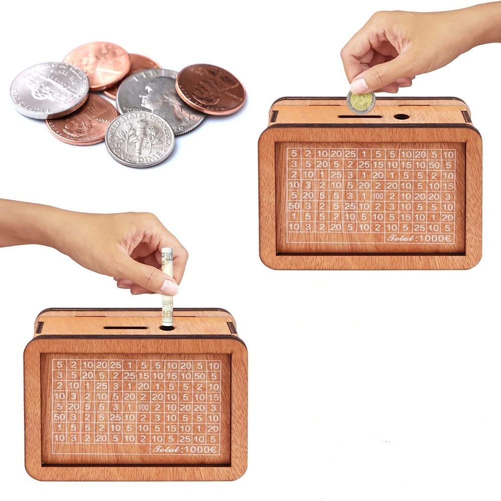 

Wooden Piggy Bank Reusable Coin Tray Storage Case Home Use Money Saving Box Children Brown 10000 Euro