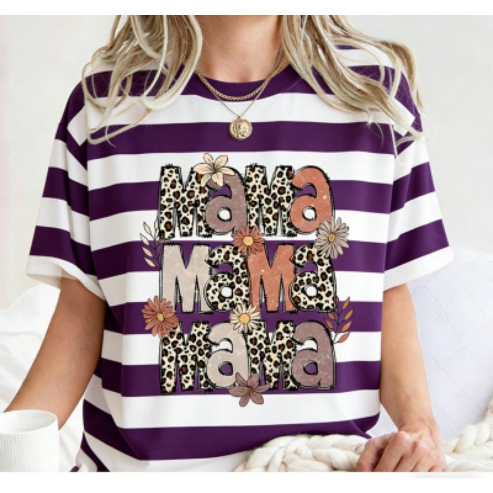 Fashion Funny Grid Leopard Mama Print Women's Short Sleeves T-Shirt Loose Casual Summer Outdoor Street Women's Tees Tops