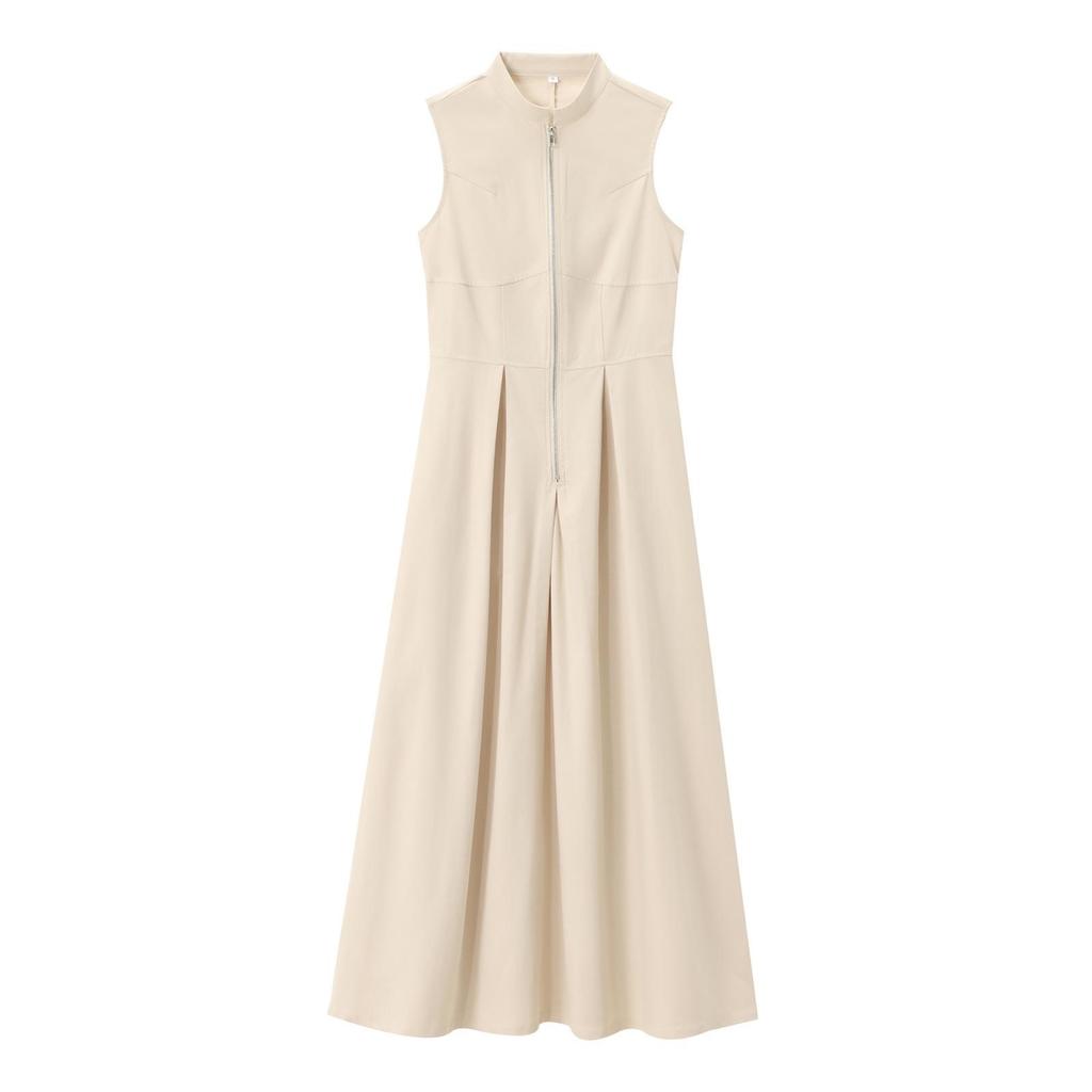 European-Style 2025 Spring Women's Sleeveless Waist-Hugging Round Neck Midi Dress