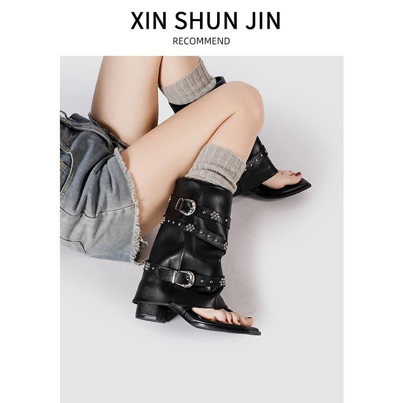Punk style black rivet toe herringbone cool boots women's shoes summer new retro buckle Spice Girls trouser boots