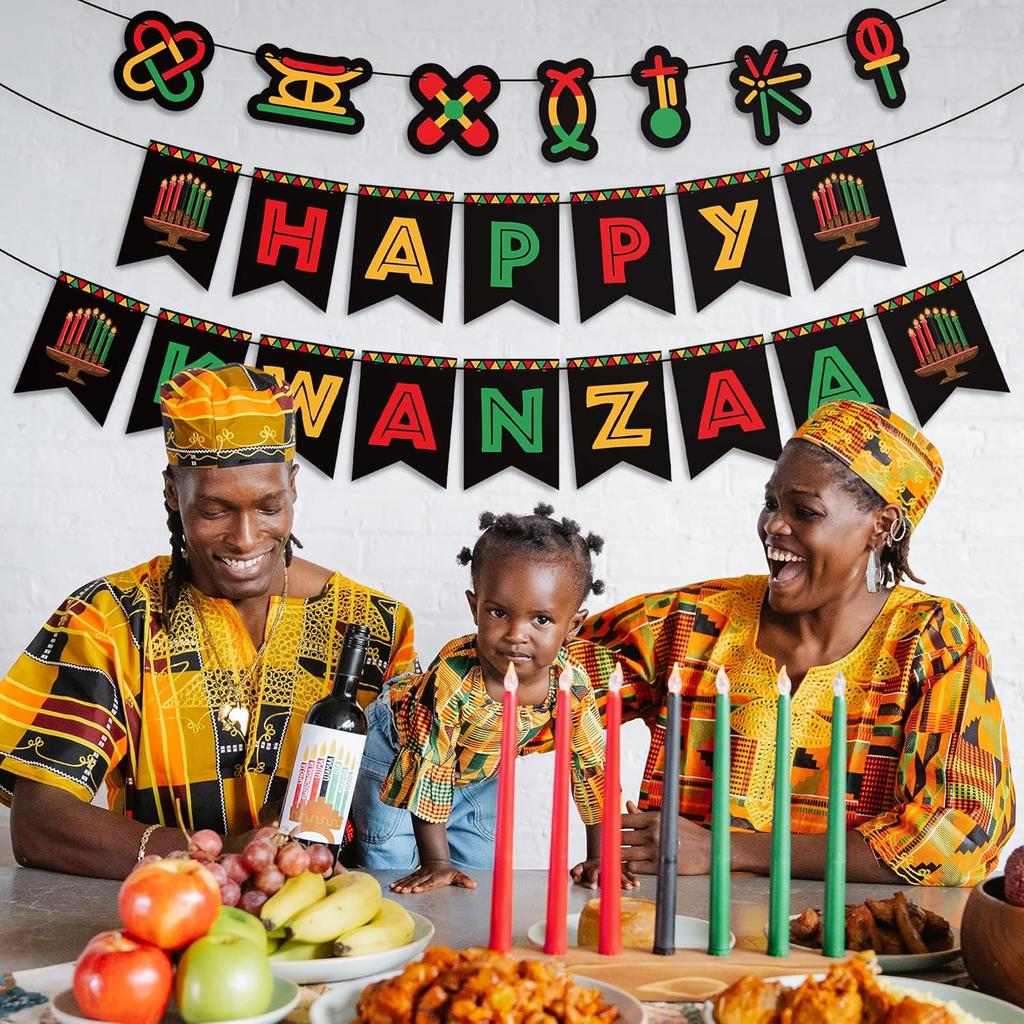 WATINC 3pcs Happy Kwanzaa Banner Decorations, N Heritage Holiday Hanging Banner, No DIY Needed Rustic Banners Kwanzaa Party Supplies for Mantel