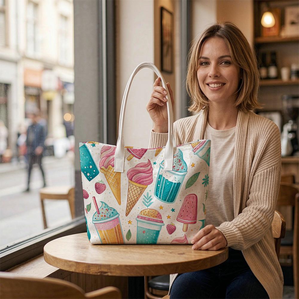 Summer Ice Cream Print Tote Bag Casual Large Capacity Shoulder Handbag for Outdoor Shopping