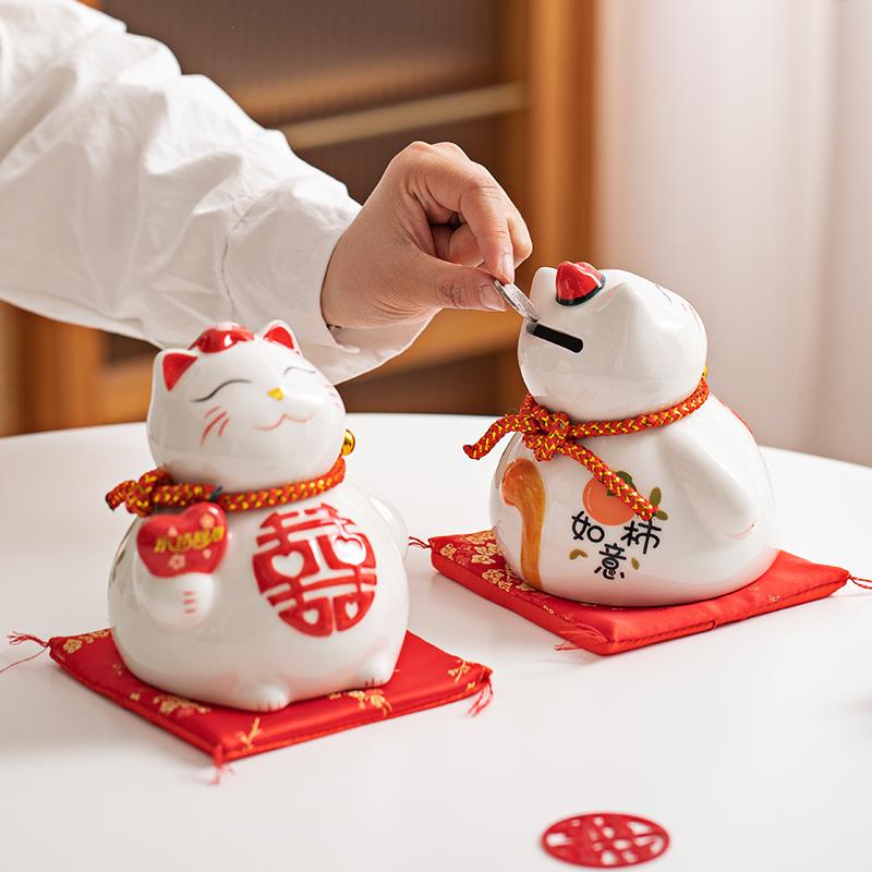 1 Set Ceramic Couple Lucky Cat For Wedding Marriage Porcelain Maneki Neko Fortune Cat Piggy Bank Money Box 5.3 Inch