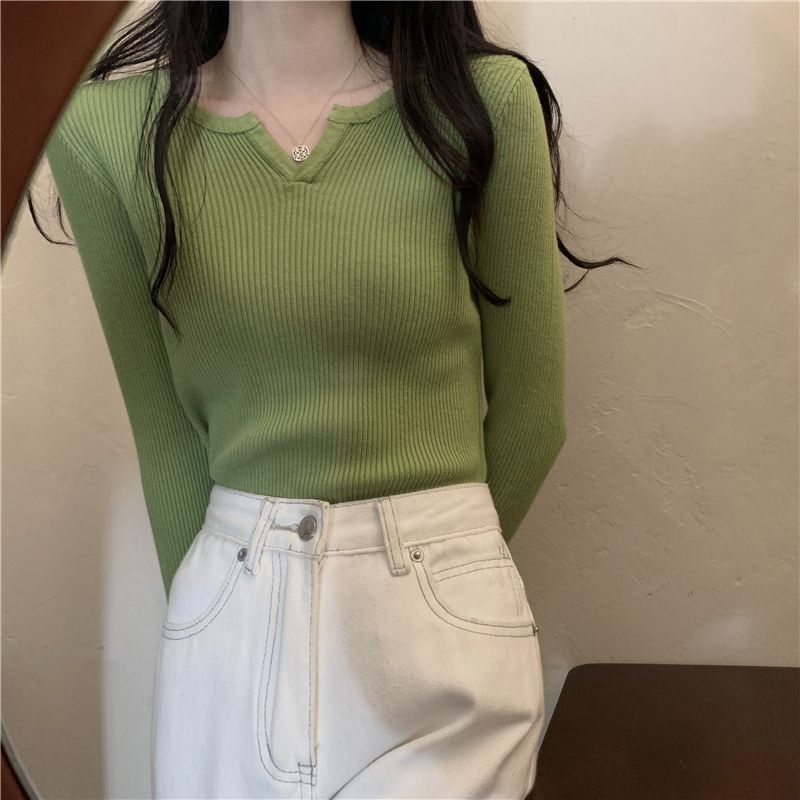 

Прилегающий топ-базовый слой с V-образным вырезом для женщин, с длинным рукавом, однотонный, осенне-зимний внутренний свитер XL