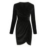 Women's Velvet Dress Sexy Pleated Slim Deep V-neck Elegant Long Sleeve Wrap Party Evening Gown Dress