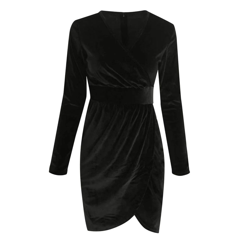 Women's Velvet Dress Sexy Pleated Slim Deep V-neck Elegant Long Sleeve Wrap Party Evening Gown Dress