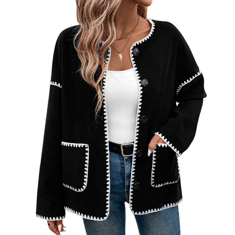 Women Autumn Winter Casual Long Sleeve Fleece Cardigan Coat O Neck Matching Color