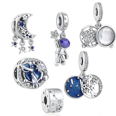 New Milky Way Stars Moon Astronaut Blue Beads Dangle Charms Fit Silver 925 Original Bracelet Fashion Woman Jewelry