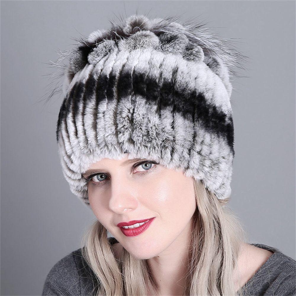 Outdoor Winter Warm Russia Women Rabbit Fur Cap Elastic Knitted Real Rex Rabbit Fur Hats 03
