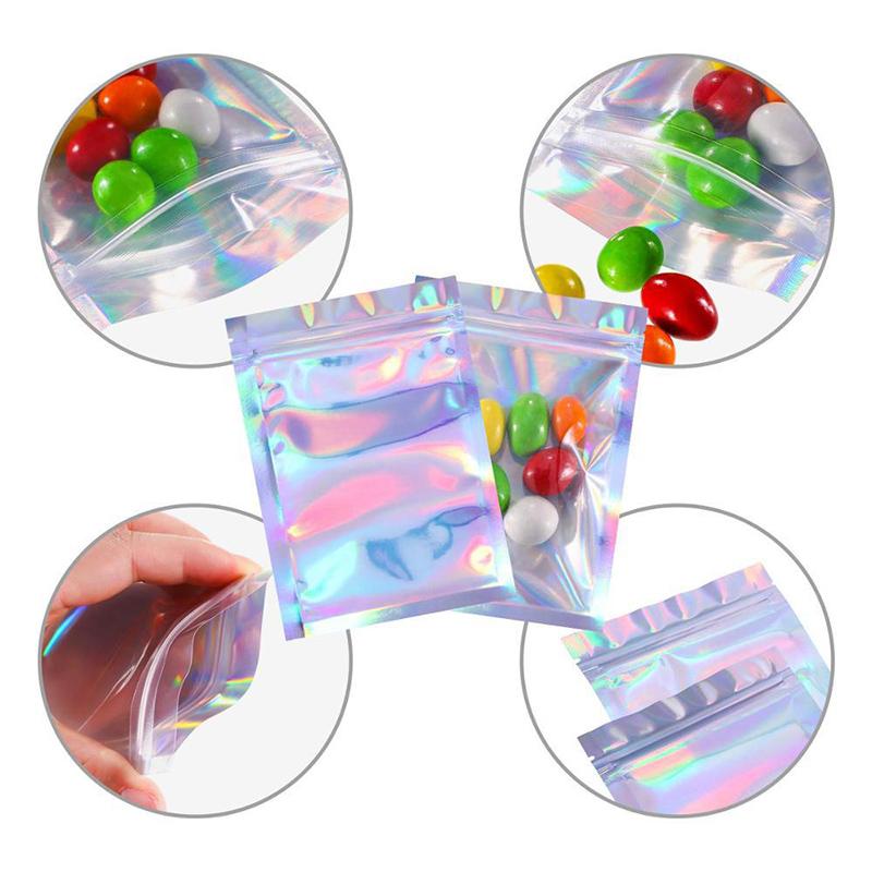100pcs Holographic Resealable Mylar Bags Ziplock Candy Suger Tee Jewelry Beauty Storage Bag