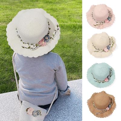 Casual Straw Weaving Toddler Baby Girls Summer Hat Flower Sunshade Caps Wide Brim Hats Shoulder Bag