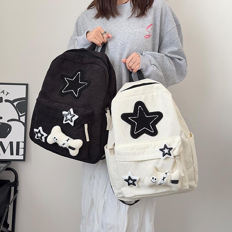 Schoolbag star schoolbag female Japanese ins corduroy large capacity college style backpack junior high school student backpack new