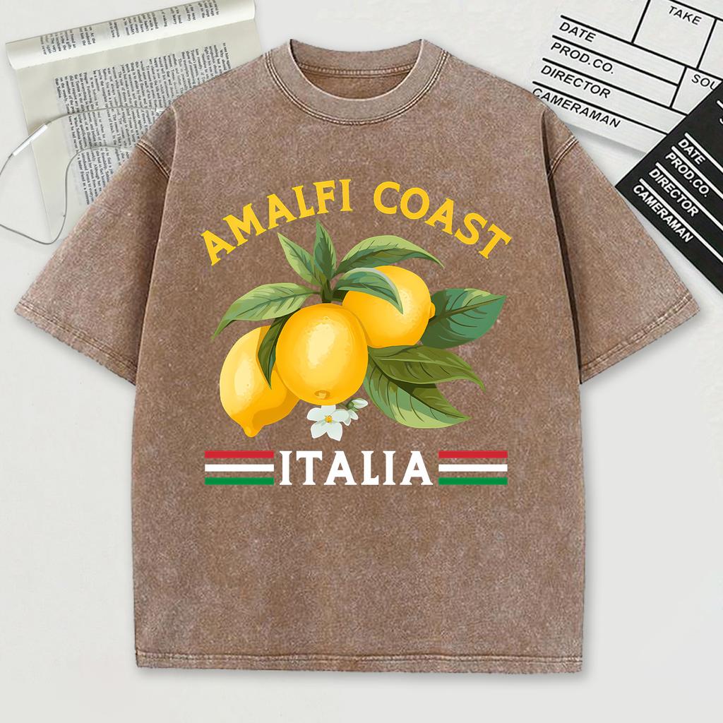 Amalfi Coast Italia Design Snow Wash T-Shirt Mens Summer Comfortable Short Sleeve Loose Unisex Cotton Tops Trendy Top