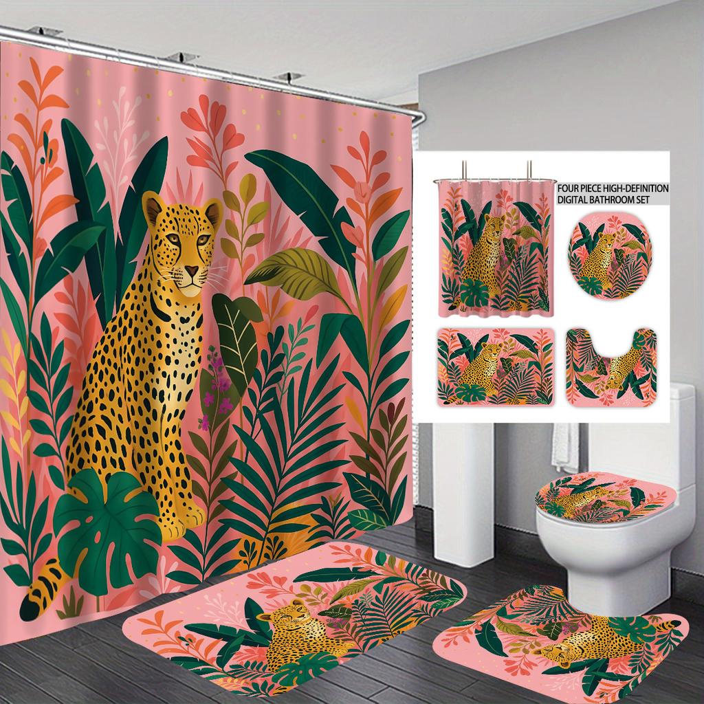 Bathroom Four-Piece Leopard 3D Digital Printing Shower Curtain Set Non-Slip Floor Mat
