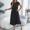 Women Short Sleeve Crew Neck Casual Loose Fit Pleated Midi Dress with Pocket Comfortable Everyday Wear Suitable for Various Occasions