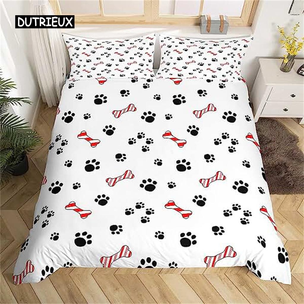 Hunde Pfote Bettbezug Knochen Muster Niedliches Hunde Pfoten Bettwäsche Set Für Teenager Mädchen Jungen Zimmer Deko Geschenke Haustier Tier Cartoon Bettdeckenbezug